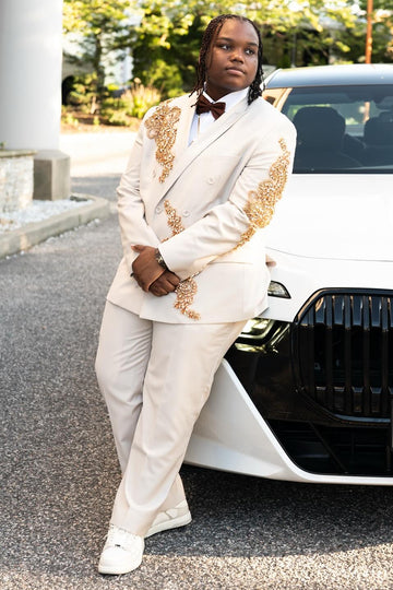 Popular Light Champagne Double Breasted Gold Beading Prom Suit