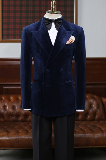 Navy Blue Double Breasted Velvet Prom Suits for Boy
