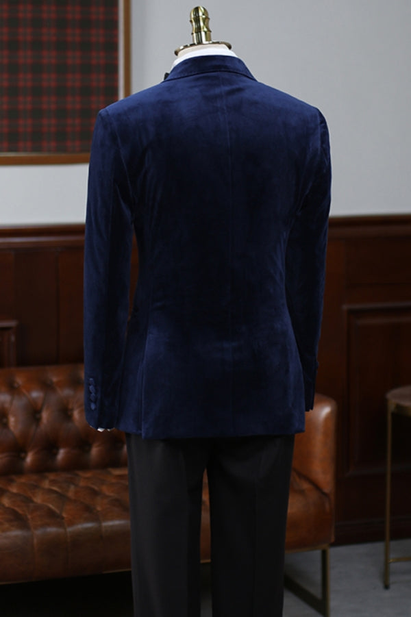 Navy Blue Double Breasted Velvet Prom Suits for Boy