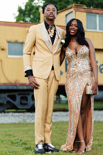 Shiny Sequins Lapel Cuff 3 Piece Gold Men's Prom Suit Wedding Groom Suit
