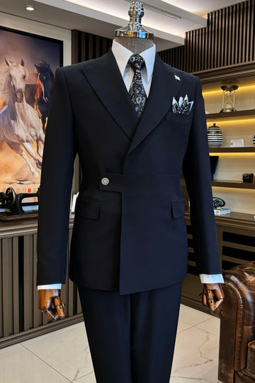 Classic Black One Button Belt Peaked Lapel Business Suit for Formal