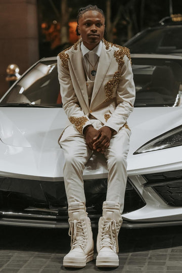 Sparkling Gold Beadings Appliqué 3 Piece Off White Prom Suit