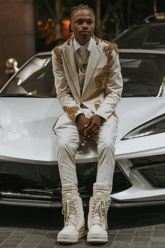 Sparkling Gold Beadings Appliqué 3 Piece Off White Prom Suit