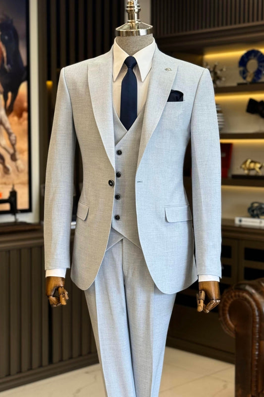 Elegant Light Gray One Button 3 Piece Formal Business Suit