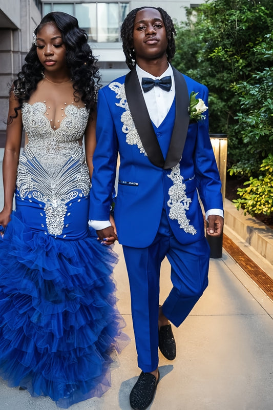 Special Design 3 Piece Royal Blue Prom Suit with Silver Crystals Appliqué