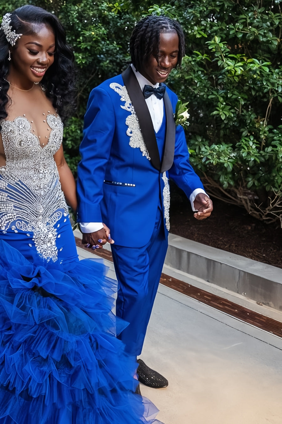 Special Design 3 Piece Royal Blue Prom Suit with Silver Crystals Appliqué
