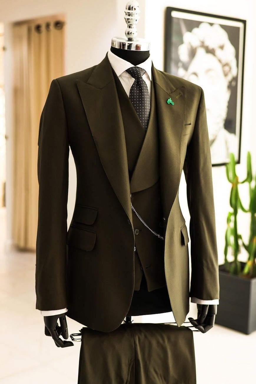 Vintage Oliver Green 3 Piece Wide Peaked Lapel Men's Formal Business Suit