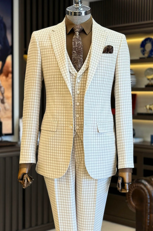 Heavy-Duty 3 Piece Beige Houndstooth Men's Suit with Waistcoat
