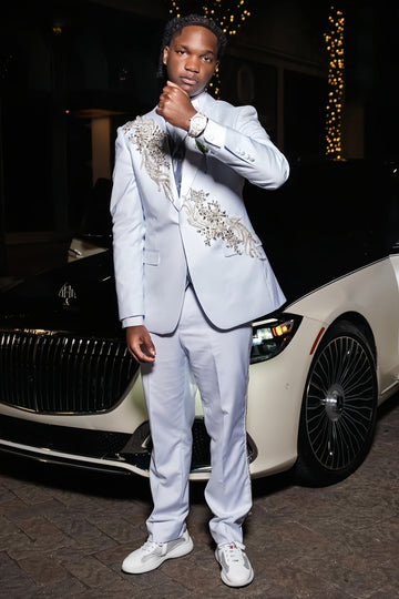 2 Piece Silver Gray Beadings Applique Glossy Prom Suit