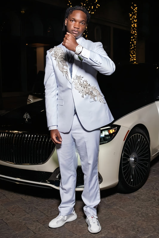 2 Piece Silver Gray Beadings Applique Glossy Prom Suit