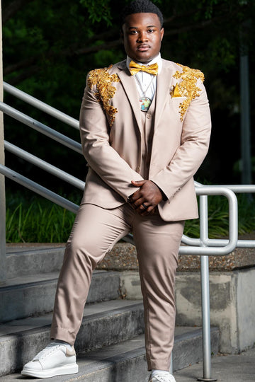3 Piece Gold Beaded Appliqué Champagne Pink Prom Suit