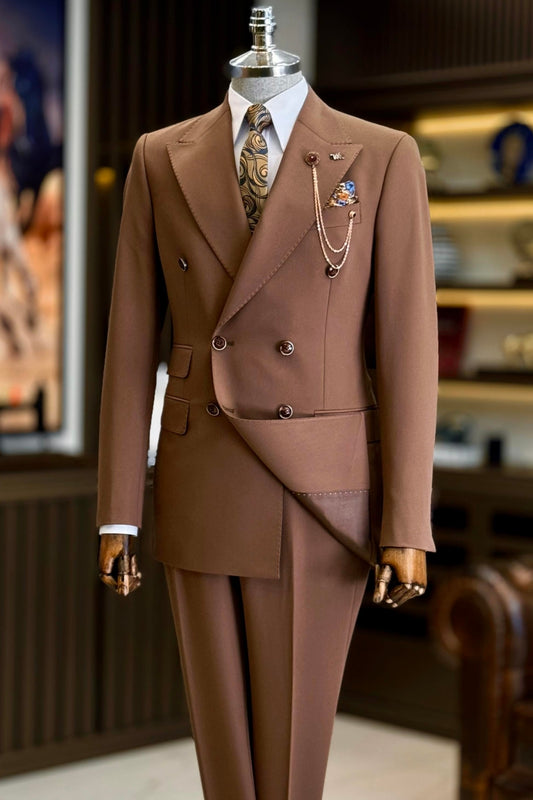 Composed Double Breasted 3 Flap Pockets Coffee Brown Business Suit