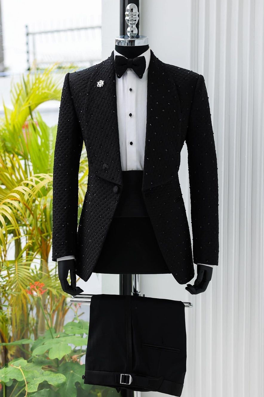 Exquisite Black Rhombus Plaid Men's Wedding Prom Suit with Crystals
