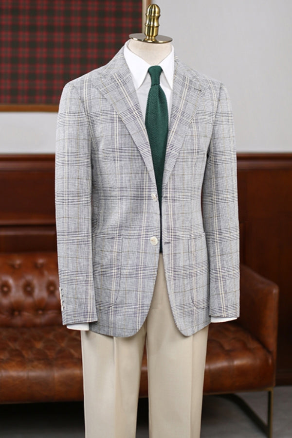 Gray Plaid Notched Lapel Formal Suits with Khaki Pants