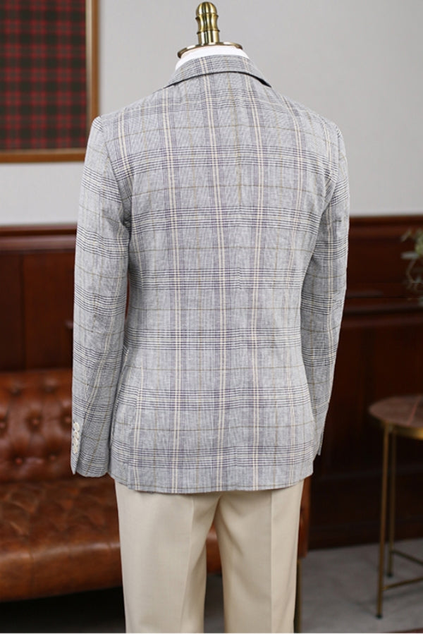 Gray Plaid Notched Lapel Formal Suits with Khaki Pants