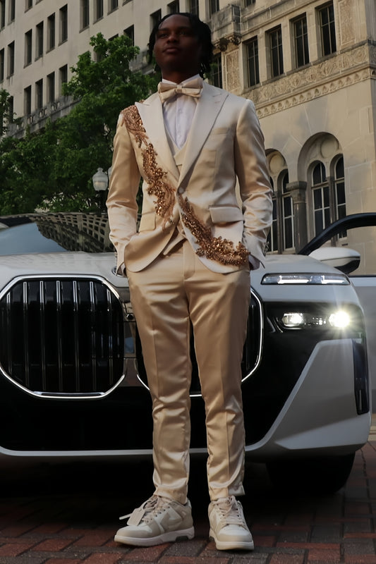 Glossy Champagne 3 Piece One Button Gold Crystals Appliqué Prom Suit