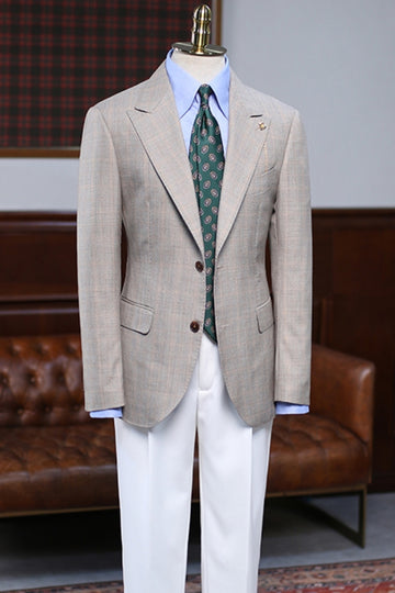 Khaki Plaid Notched Lapel Formal Suits with White Pants