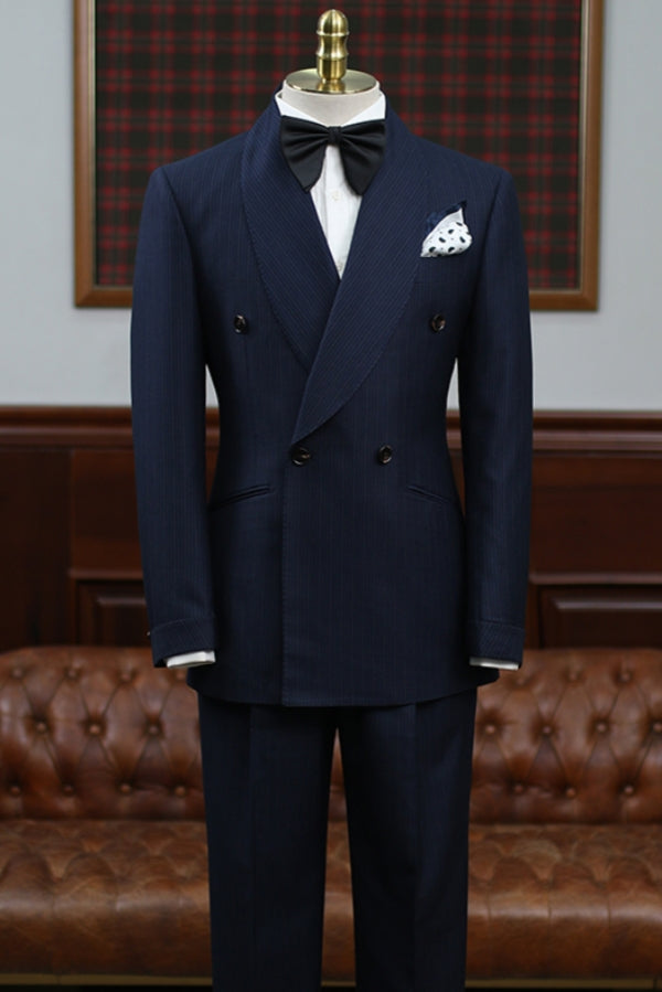 Dark Blue Shawl Lapel Pinstripe Double Breasted Formal Suits