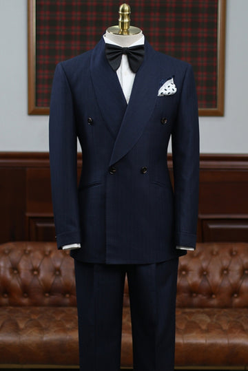 Dark Blue Shawl Lapel Pinstripe Double Breasted Formal Suits