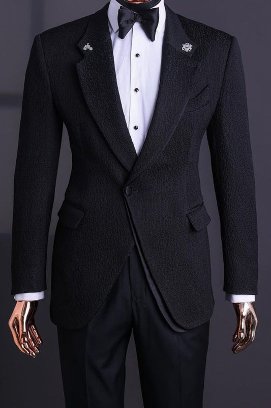 Slim Fit One Button Black Jacquard wedding Tuxedo Groom Suit