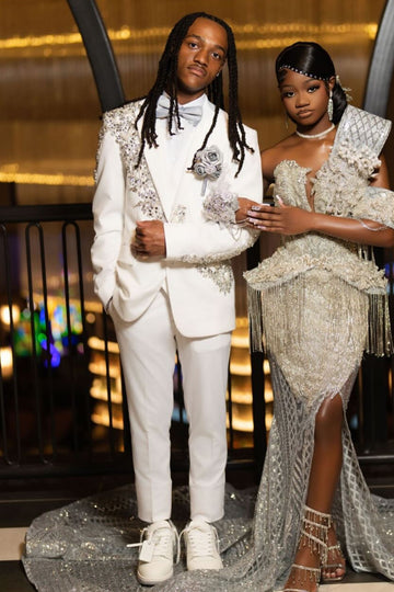 Pure White 2 Piece Silver Beading Appliqué Fashion Prom Suit