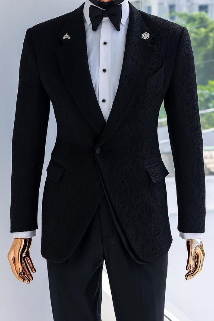 Slim Fit One Button Black Jacquard wedding Tuxedo Groom Suit