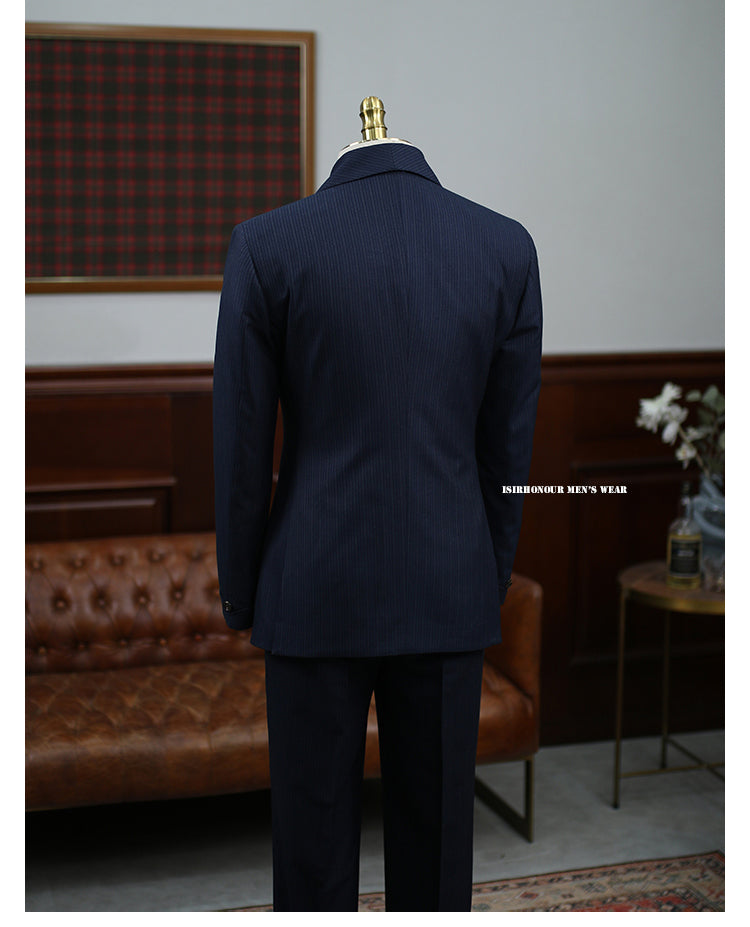 Dark Blue Shawl Lapel Pinstripe Double Breasted Formal Suits