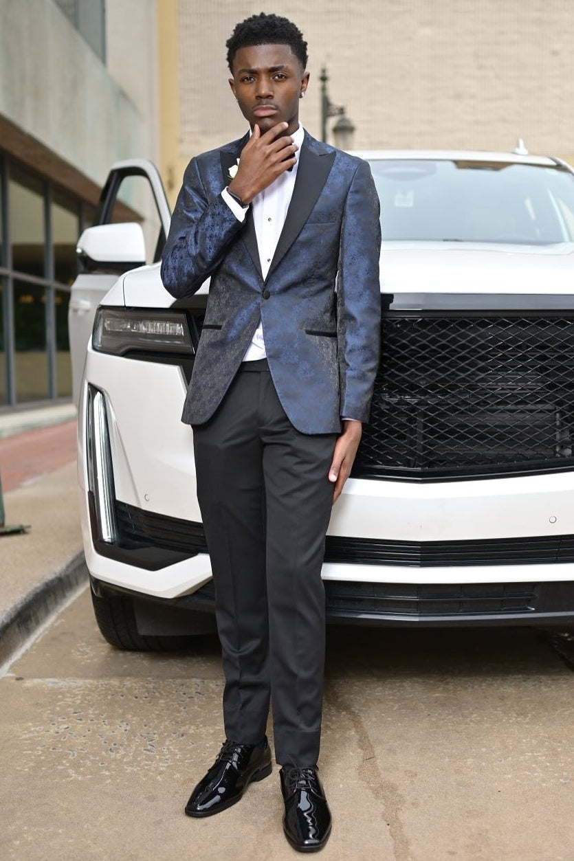 Slim-Fit One Button Navy Blue Jacquard Prom Suit with Black Pants