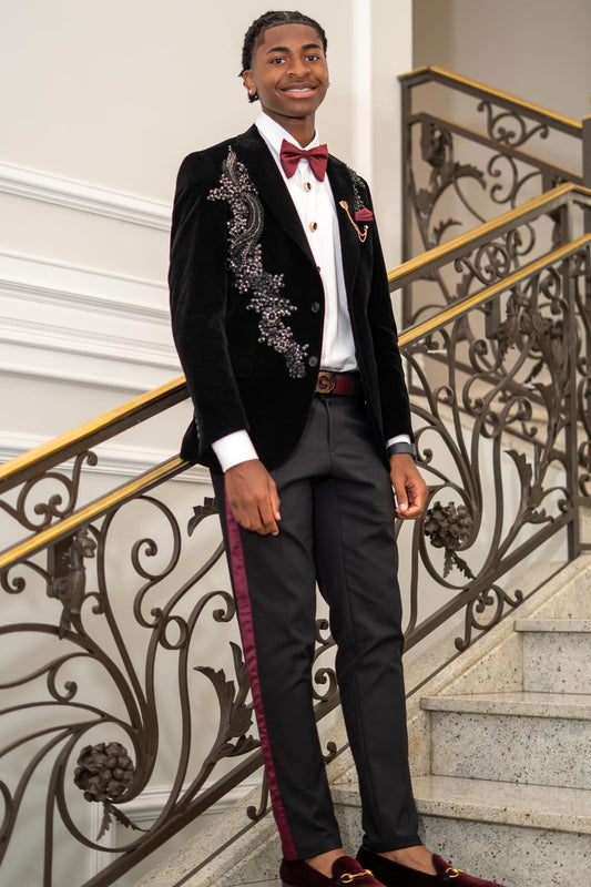Customized Black Velvet Beading Appliques Prom Suit with Satin Seam Edge