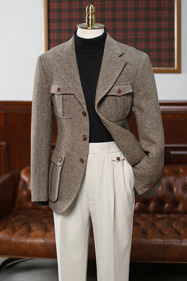 Camel Woolen Notched Lapel Men Suit with White Pant