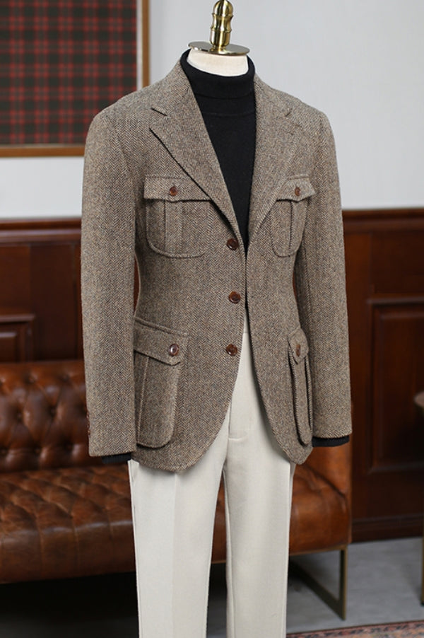 Camel Woolen Notched Lapel Men Suit with White Pant