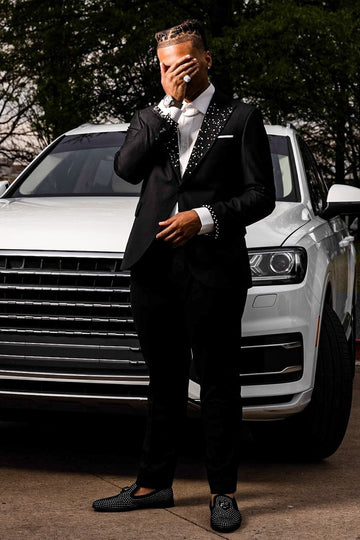Special Design Beaded Lapel Cuff 2 Piece Black Popular Prom Suit