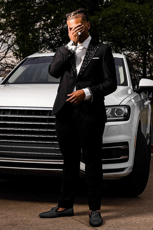 Special Design Beaded Lapel Cuff 2 Piece Black Popular Prom Suit