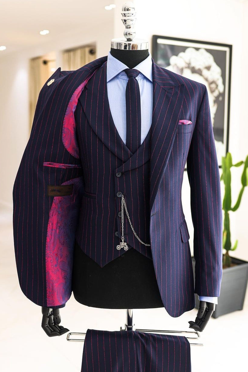 Formal Navy Blue 3 Piece Business Suit for Men with Red Pinstripe