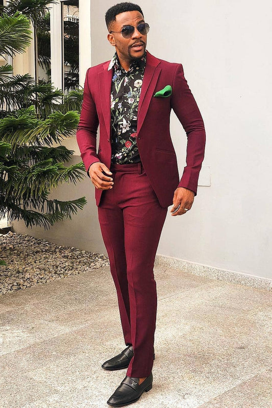 Red Two Pieces Slim Fit Notch Lapel Men Suits for Prom