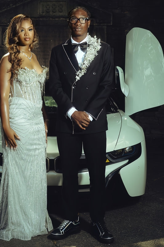 Gorgeous Double Breasted Three-dimensional Flowers Black Suit for Wedding Prom