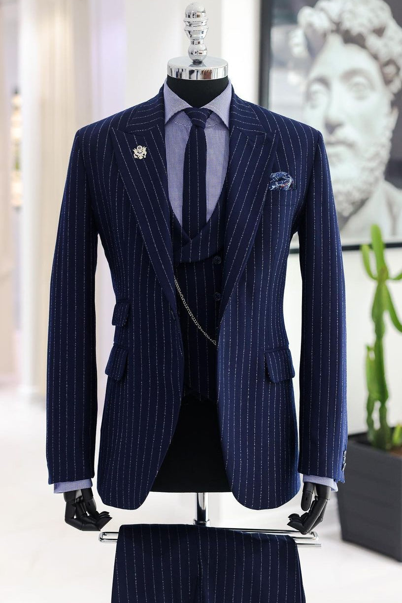 Customized Navy Blue Shiny Pinstripe 3 Piece Men's Business Suit