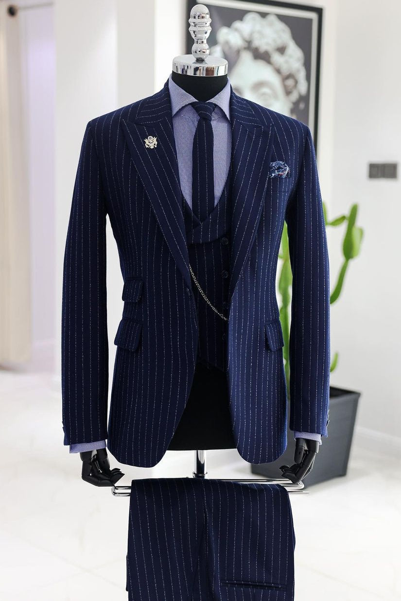 Customized Navy Blue Shiny Pinstripe 3 Piece Men's Business Suit