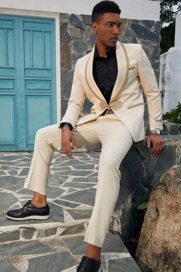 Light Champagne Shawl Lapel Jacquard Prom Suit with Knitted Button