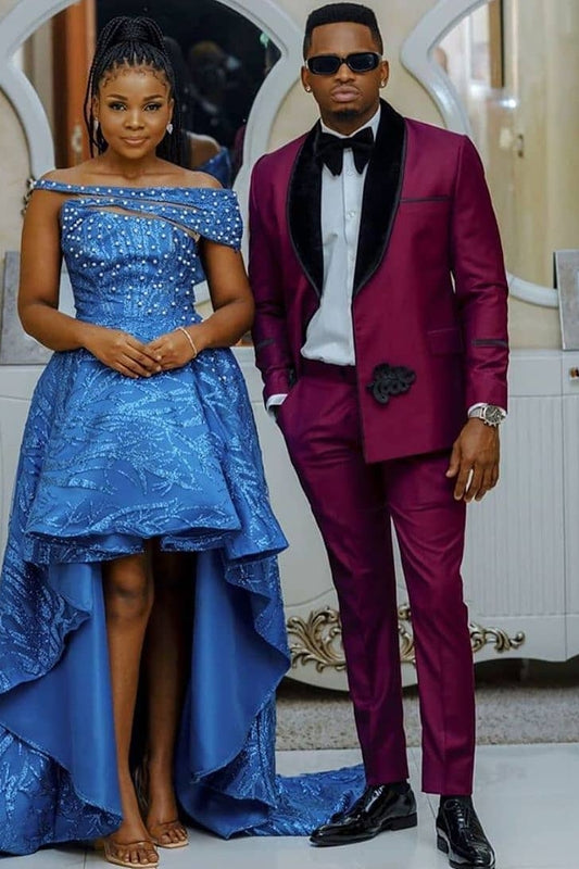 Maroon Shawl Lapel Big and Tall Men Suits with Bowknot