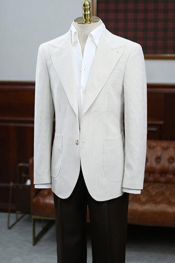 White Corduroy Peaked Lapel Men Suit with Black Pants