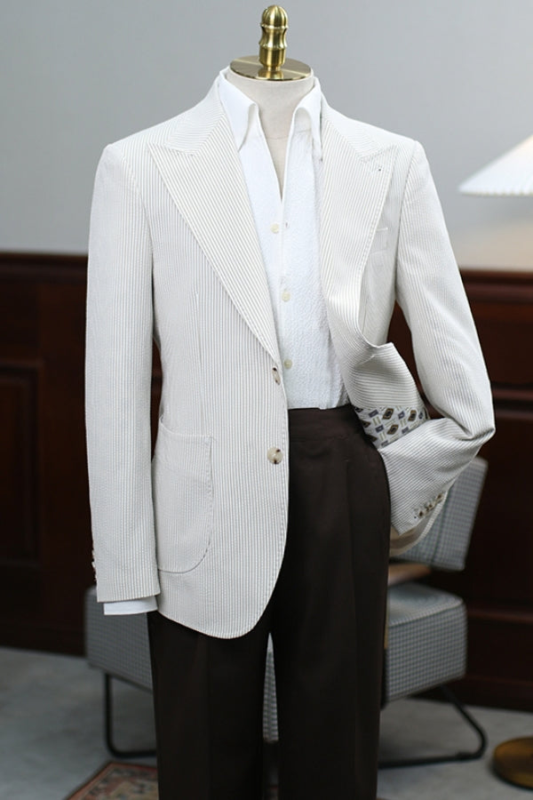 White Corduroy Peaked Lapel Men Suit with Black Pants