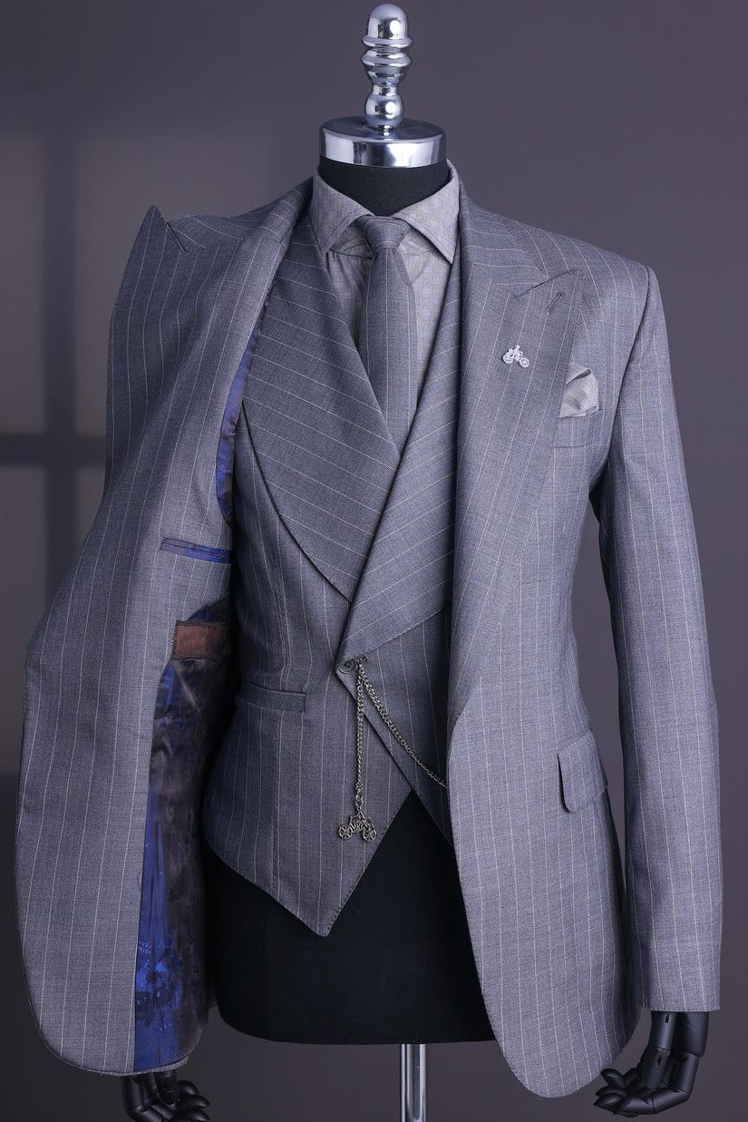 Understated Pinstripe 3 Piece Gray Men's Business Suit with Waistcoat