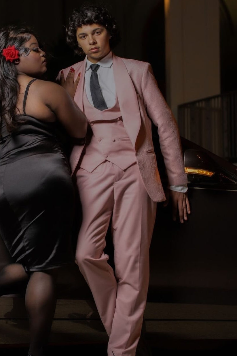 Heavy-duty 3 Piece Shawl Lapel Pink Jacquard Prom Suit