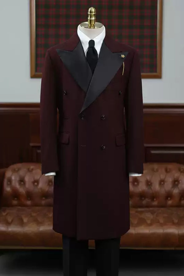 Burgundy Peaked Lapel Double-Breasted Mid-Length Coat