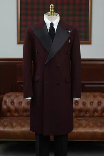 Burgundy Peaked Lapel Double-Breasted Mid-Length Coat