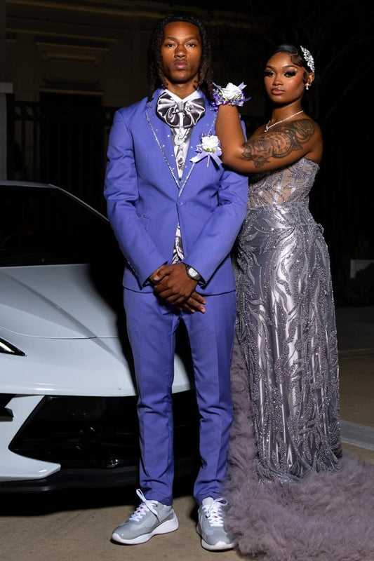 Fashionable One Button 2 Piece Blue Prom Suit with Beads Silver Edge Seam