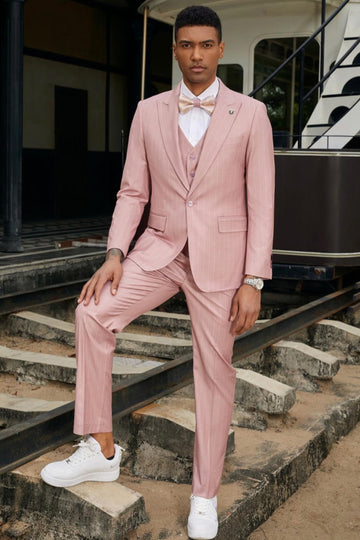 Chic 3 Piece Pinstripe Pink Prom Suit with Waistcoat