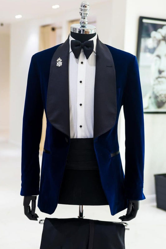 Popular Dark Blue Velvet 2 Piece Men's Wedding Suit with Wide Satin Lapel