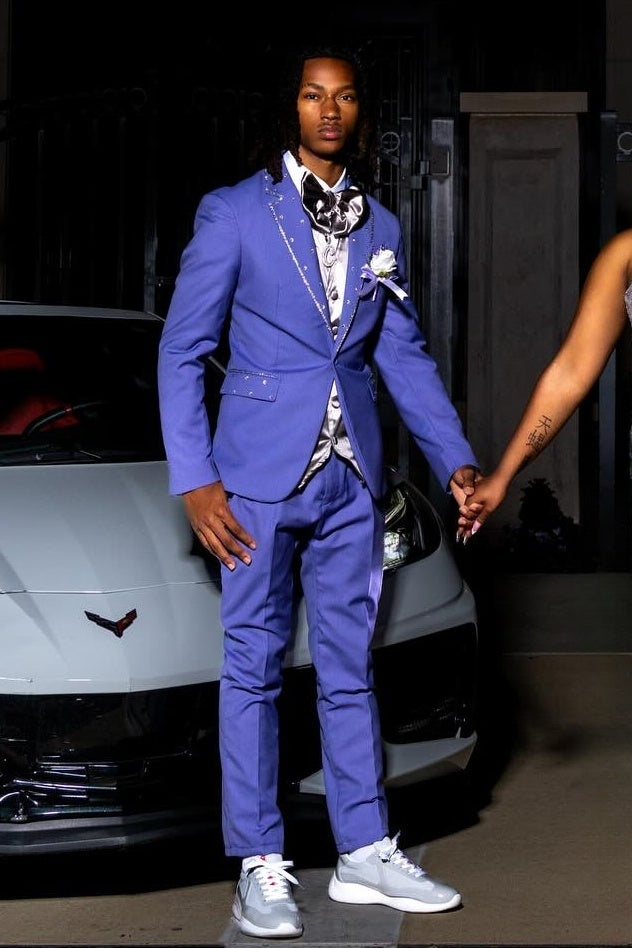 Fashionable One Button 2 Piece Blue Prom Suit with Beads Silver Edge Seam